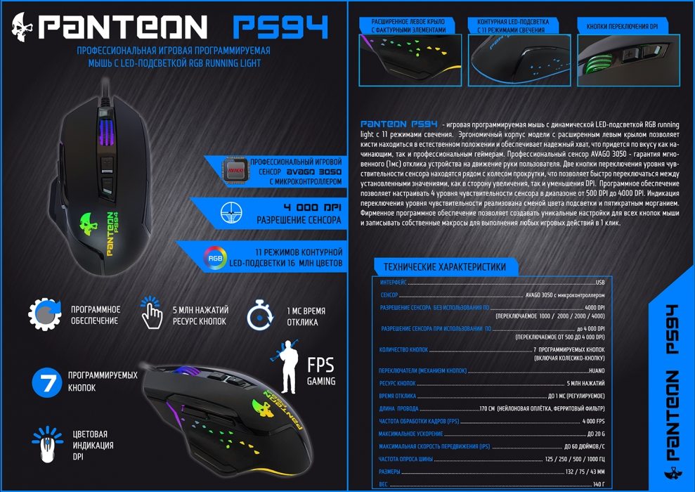 Профессиональная игровая программируемая мышь PANTEON PS9412