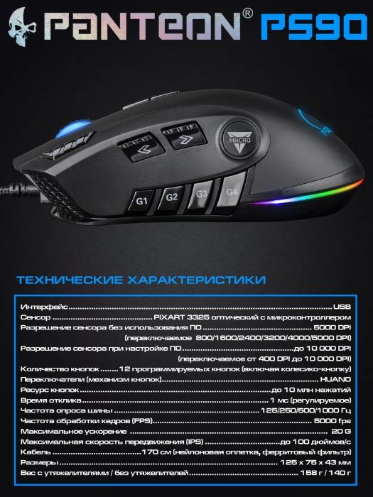 Профессиональная игровая 12-кнопочная программируемая мышь PANTEON PS9013