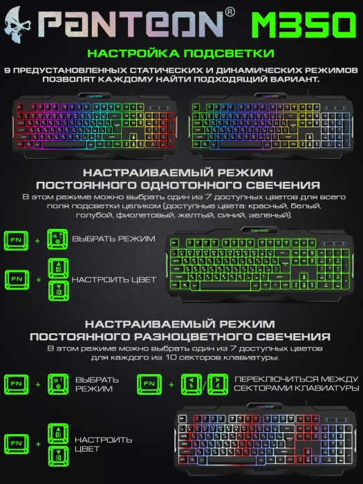 Мембранная игровая клавиатура с зонированной LED-подсветкой RGB LIGHT PANTEON M3504